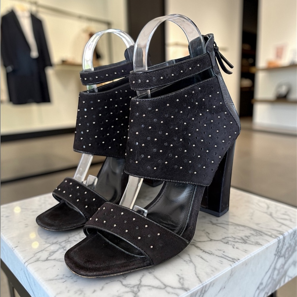 Studded Italian Black Suede High Heel Bootie Sandals - Women